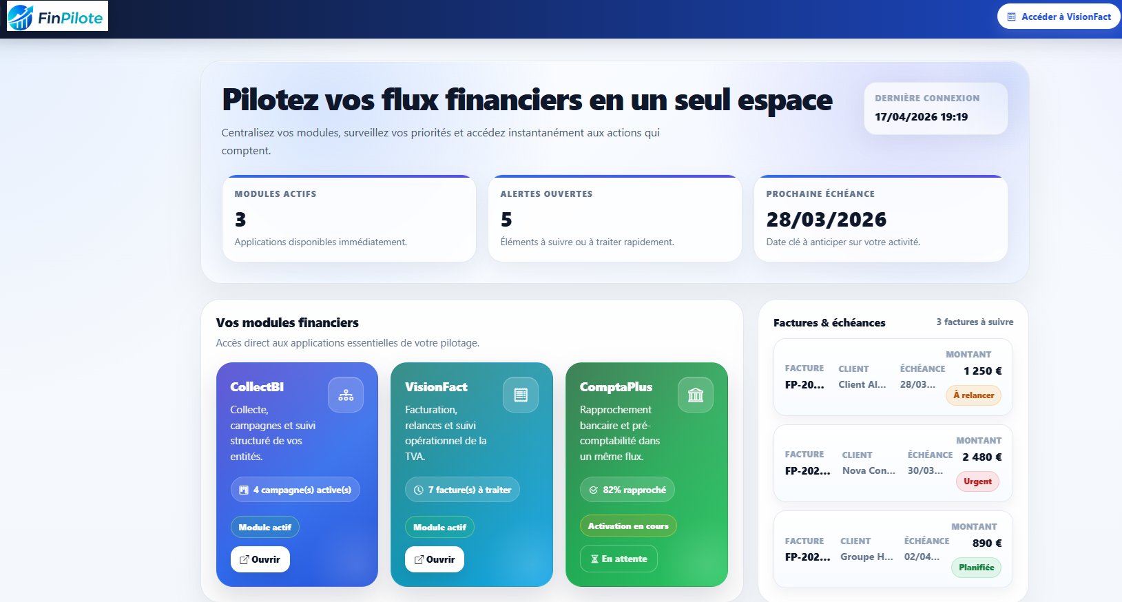 Aperçu du portail FinPilot
