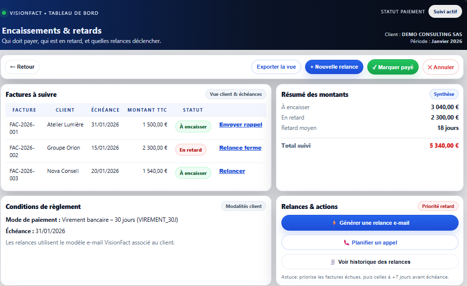 Écran factures & relances